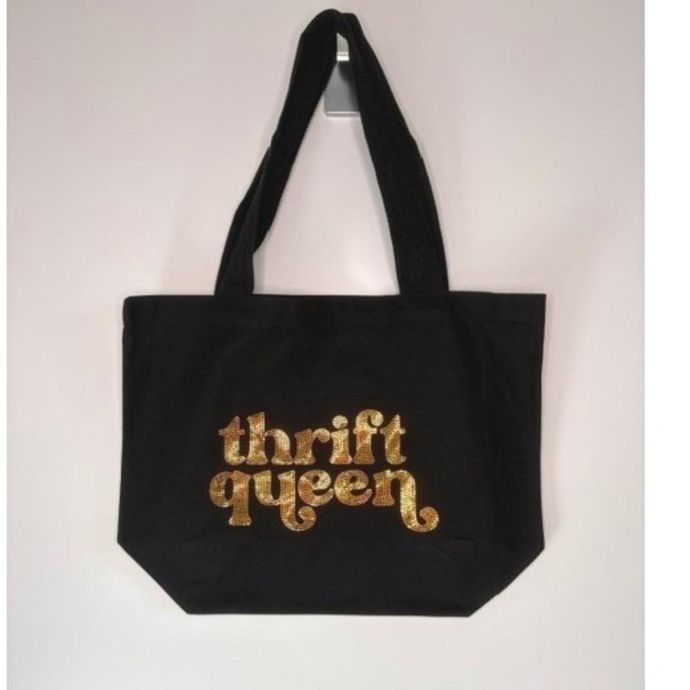 Thrift Queen Black Canvas Tote Bag Gold Spangle Bling Graphic Shoulder Bag 20x14